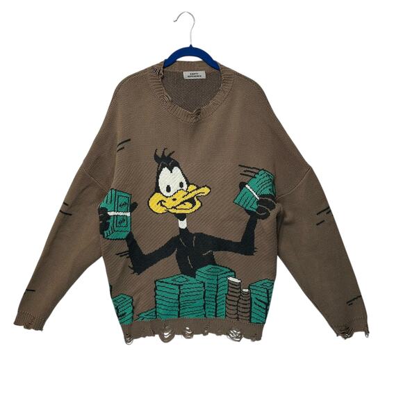 Empty Reference Daffy Duck Cashmere Blend Distressed Sweater Men's Sz L Brown - Picture 2 of 7